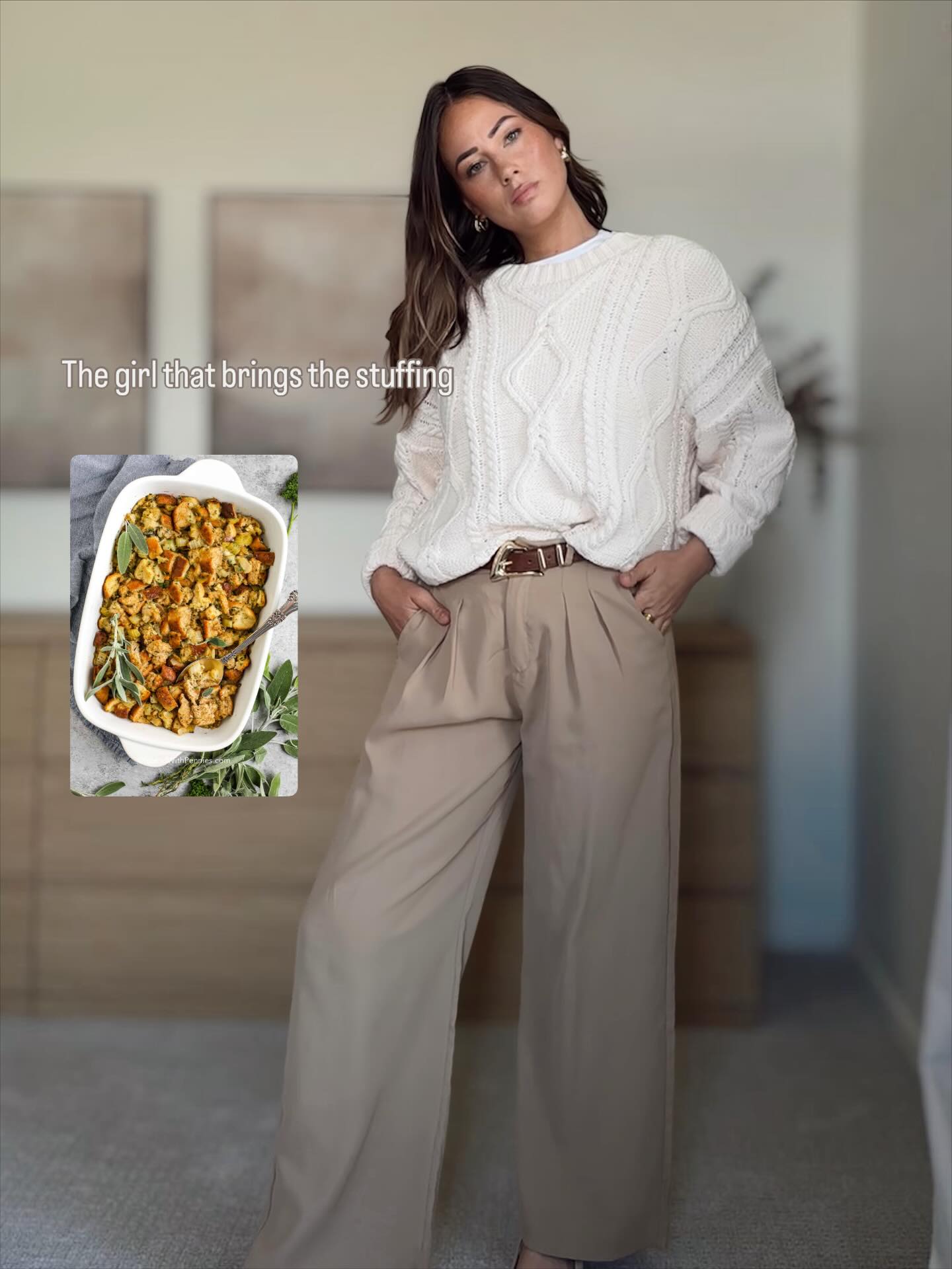A Cable-Knit Sweater with Wide-Leg Trousers in Soft Neutrals