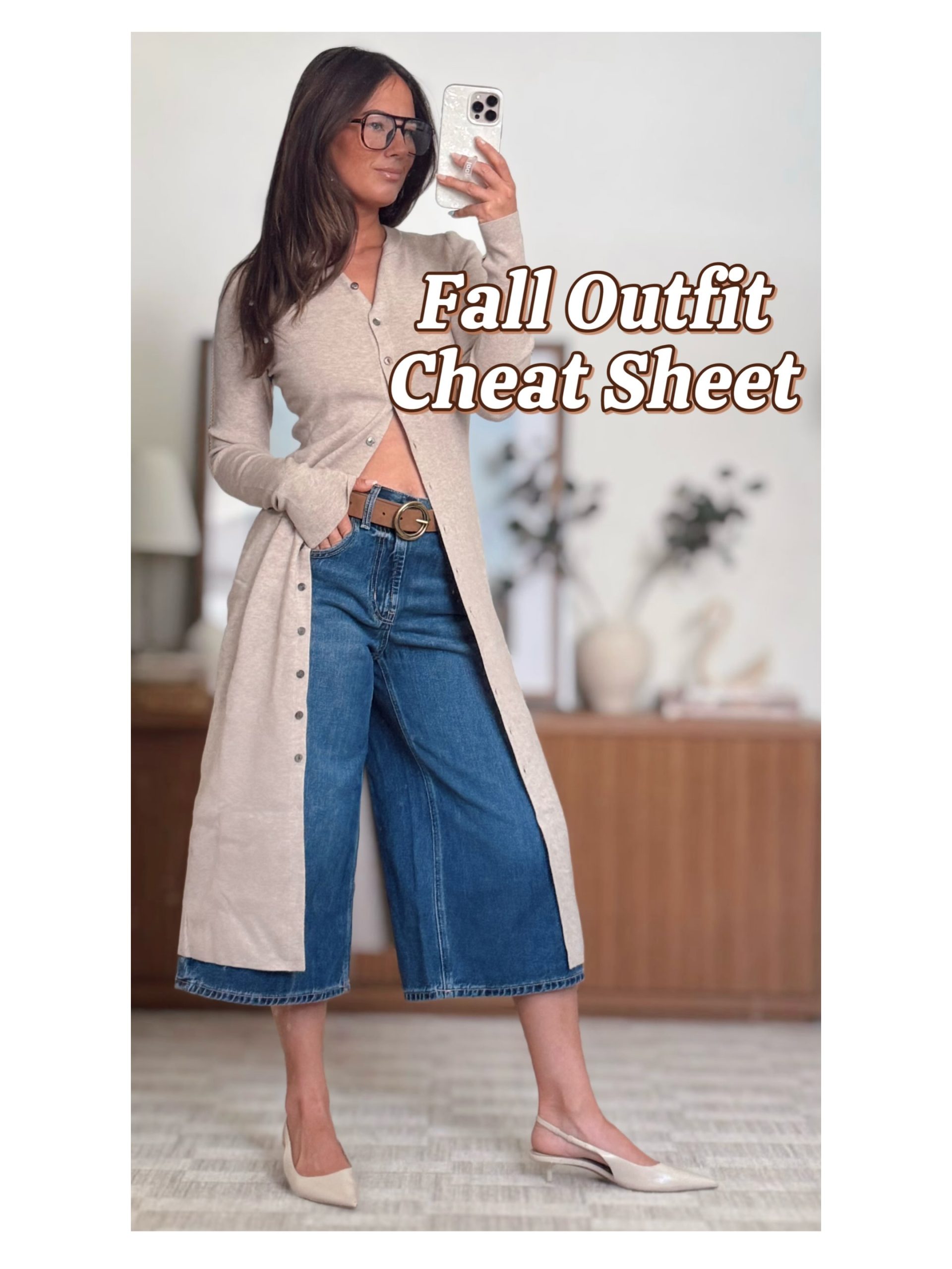 A Long Camel Cardigan with Blue Jeans for Transitional Style